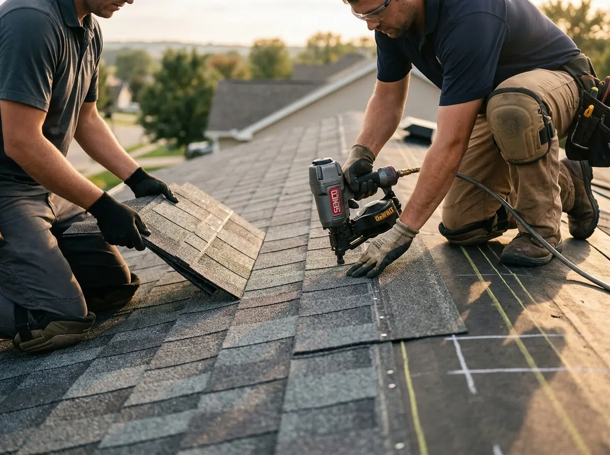 Professional roofer working on a residential roof in Olympia
